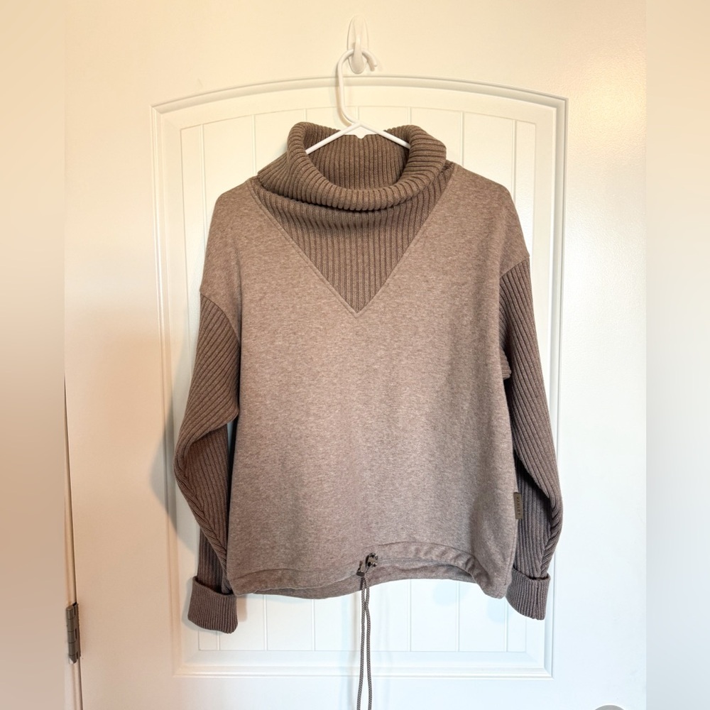 Varley Taupe Ribbed Cowl Neck Pullover Sweater